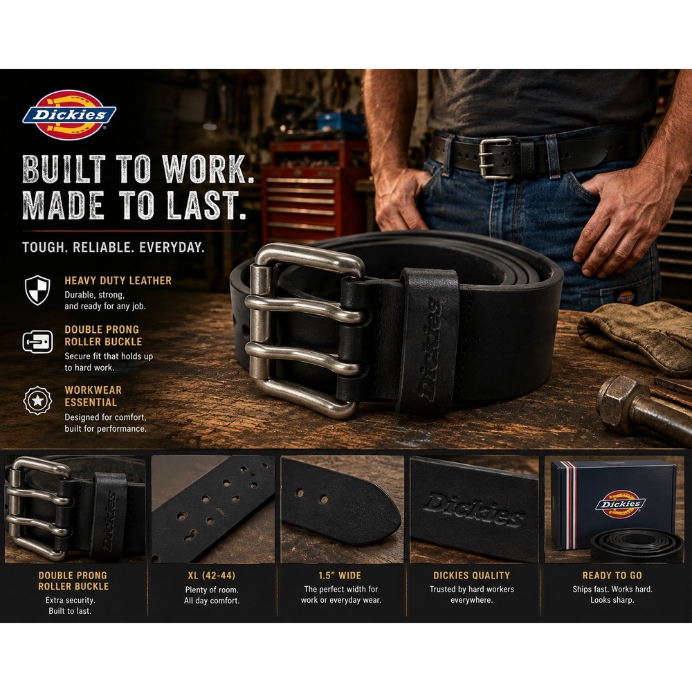 Dickies XL Black Leather Work Belt Double Prong Roller Buckle 42-44 Heavy Duty